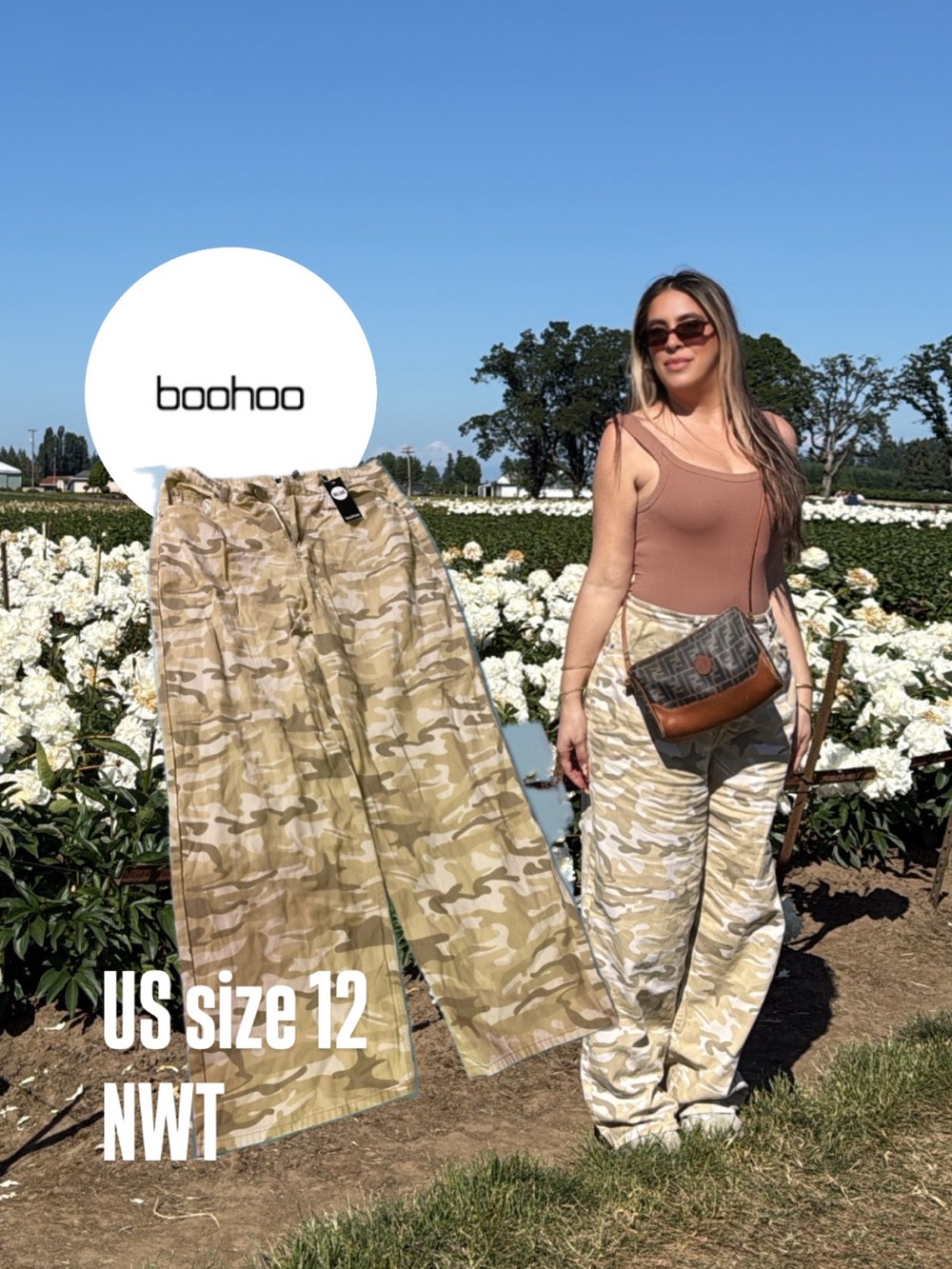 Boohoo Beige Camo Wide-Leg Cargo Pants
